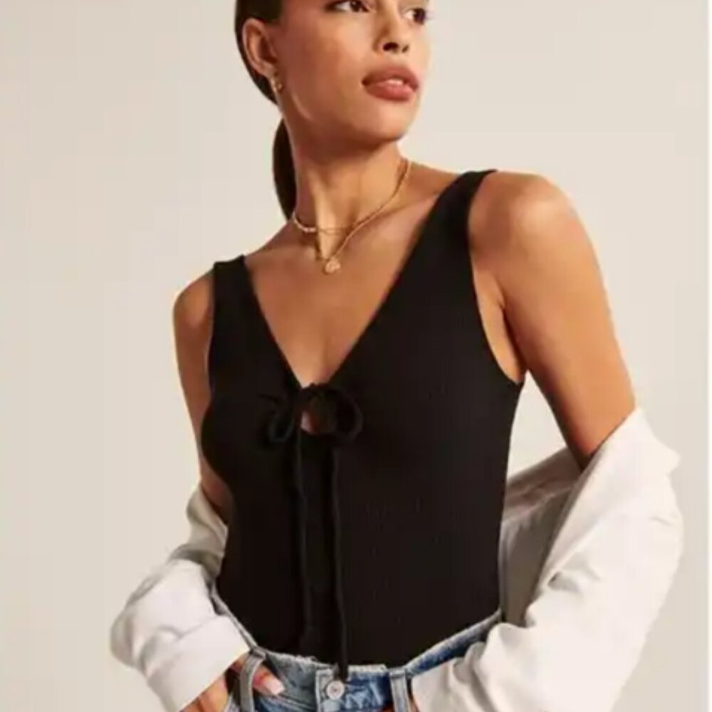 NWT A&F - softAF Black Ribbed Tie-Front Bodysuit